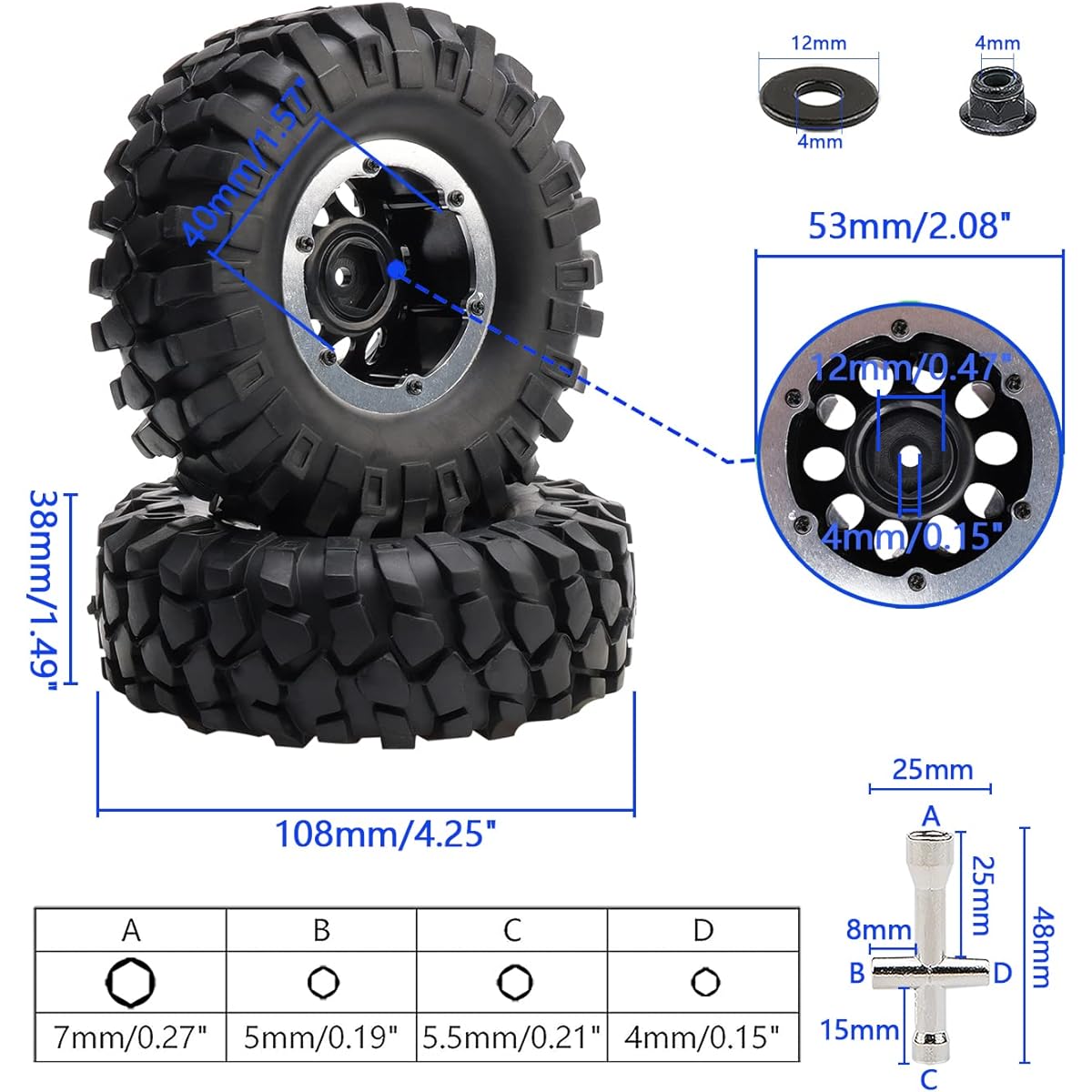 Rchobbytop 4 Pack 1.9" OD 108mm Tires 12mm Drive Hex Wheel Rims for 1/10 RC Rock Crawler Short Course Truck Traxxas Slash 4x4 VXL VKAR Redcat SCX10 CC01 RC4WD D90