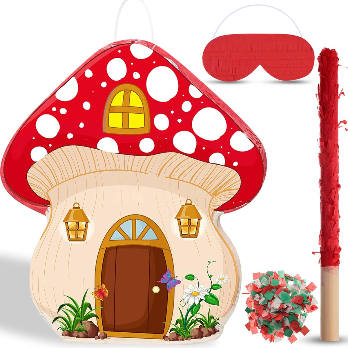 Mushroom Pinata with Stick and Blindfold, 3D Mushroom Shaped Pinata for Kids Birthday Party Mushroom Hanging Decorations Pinata Forest Jungle Woodland Baby Shower Party Supplies