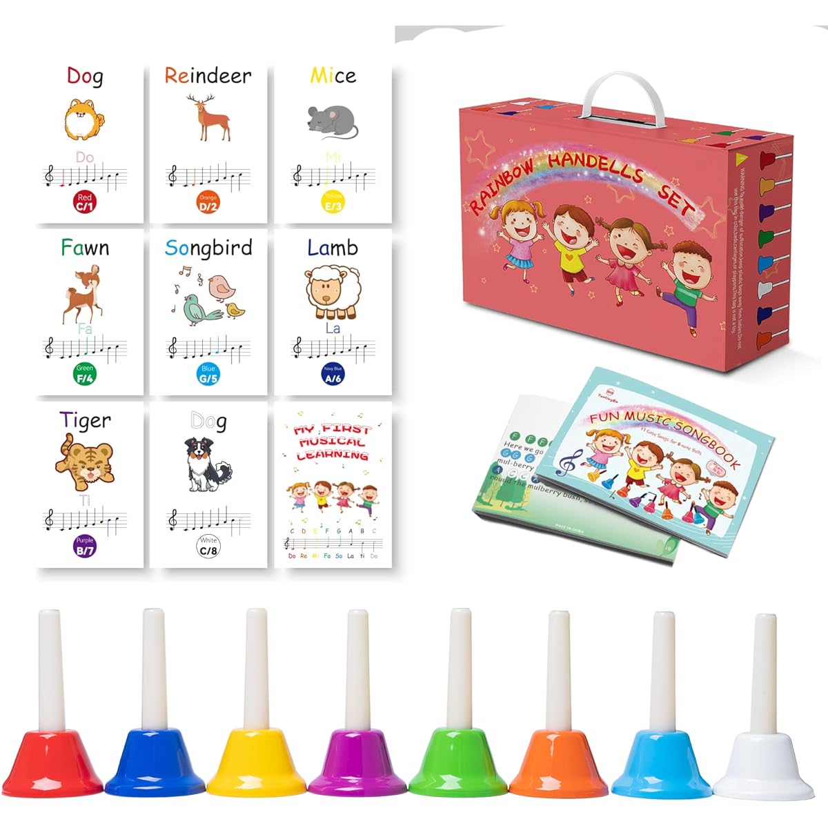 Handbells for Kids, 8 Notes, Musical Note Handbell Set with 17 Songbooks & 9 Note Cards, Musical Learning Instrument for Toddlers and Kids (Upgraded Version)