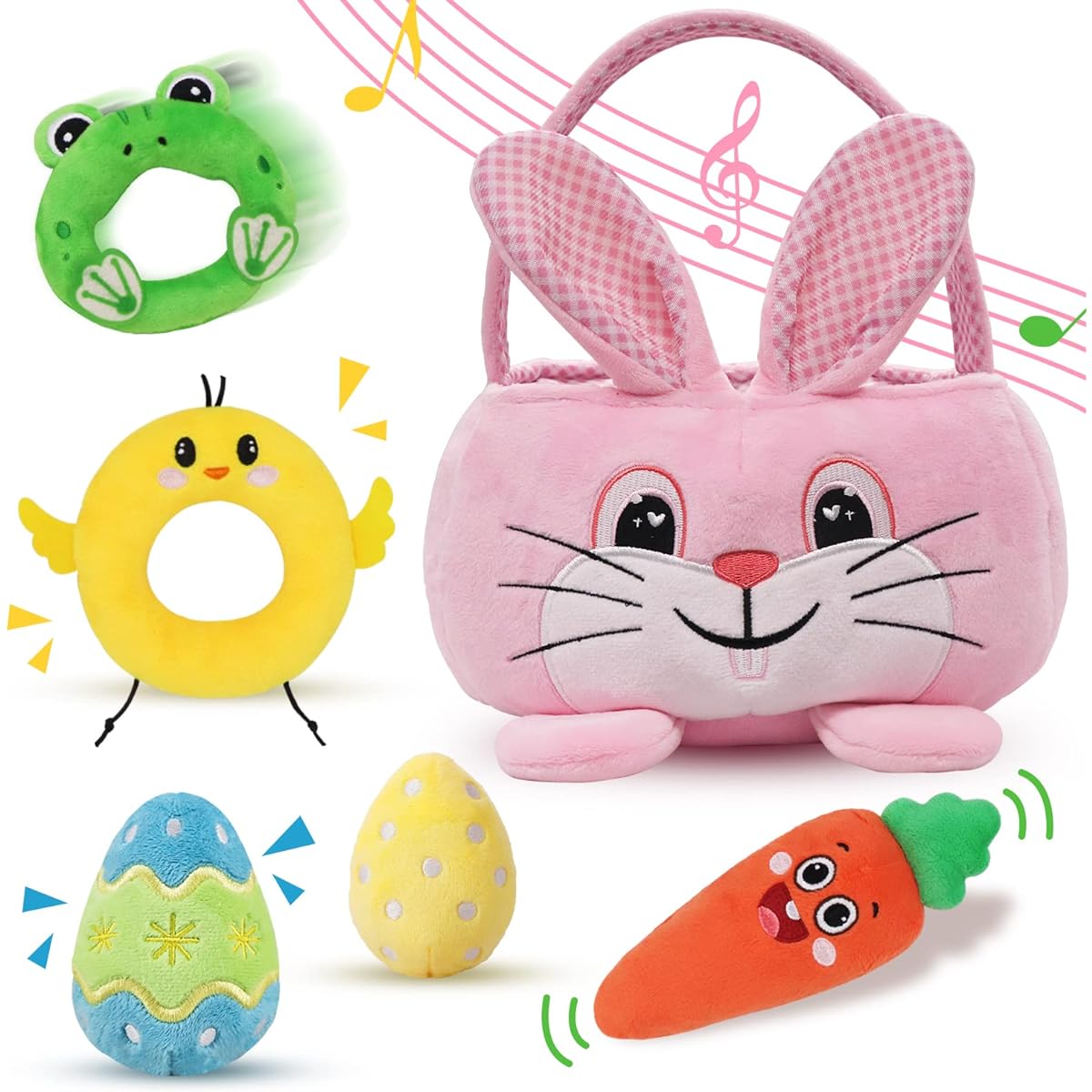 Treory Baby's First Easter Basket Playset, 6pcs Plush Easter Basket Pink Bunny Chick Carrot Egg Frog Baby Easter Basket Stuffer Toys Easter Gifts for Girls Kids Easter Decorations