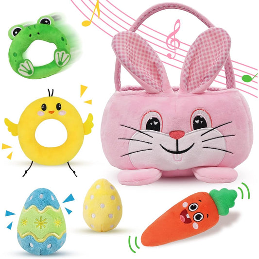 Treory Baby's First Easter Basket Playset, 6pcs Plush Easter Basket Pink Bunny Chick Carrot Egg Frog Baby Easter Basket Stuffer Toys Easter Gifts for Girls Kids Easter Decorations
