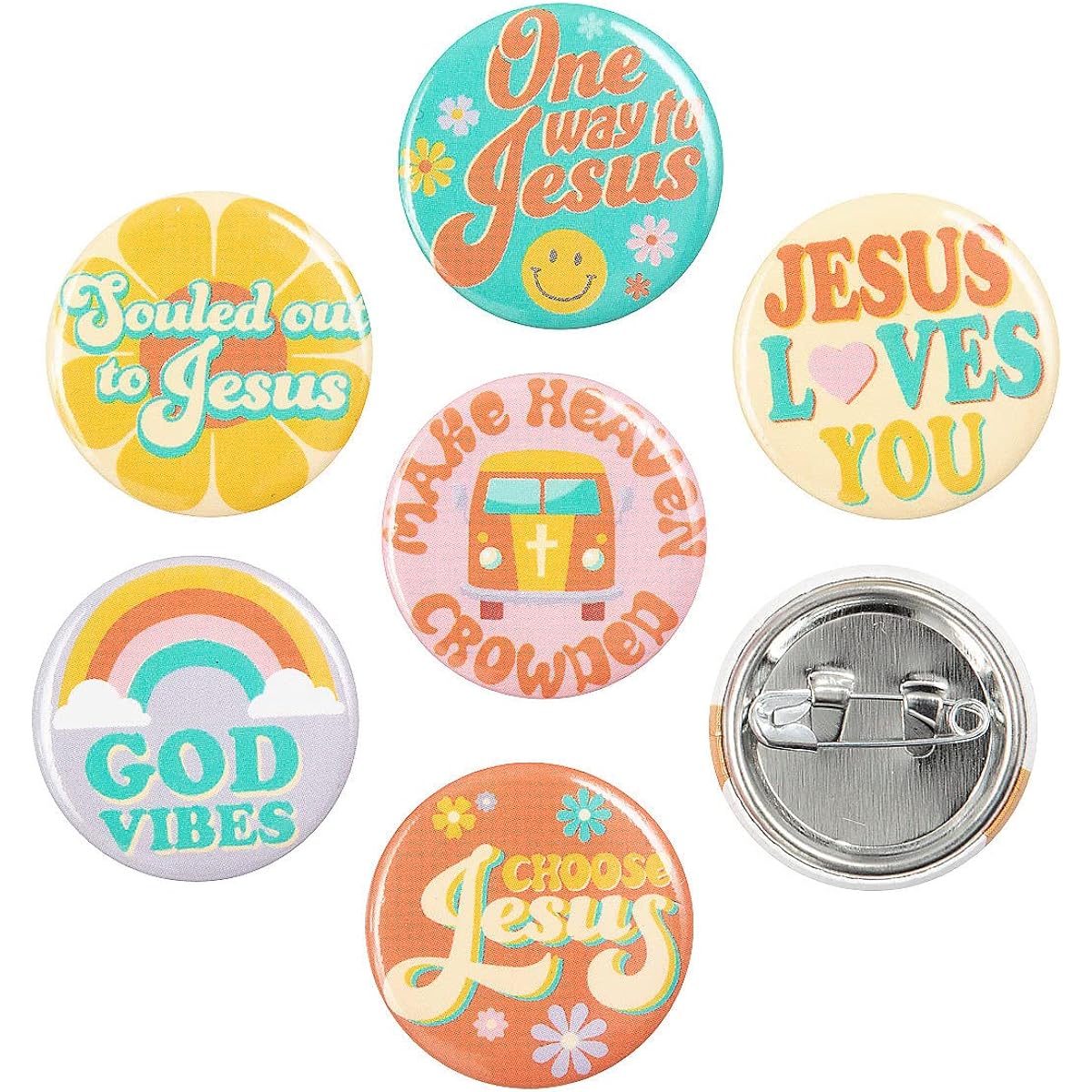 Religious and groovy mini buttons - 48 pieces, metal, no gems.