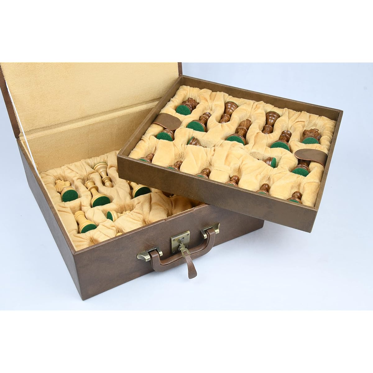 CHESSBAZAAR Brown Faux Leather Chess Set Storage Box Cooffer Double Tray Fixed Slots for 3.75"-4.1" Pieces