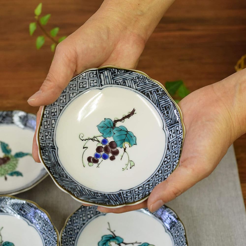 Plate Set, Stylish Tableware, Kutani Ware, Small Plates, Set of 5, Fruit Pictures, Pottery, Japanese Tableware, Serving Plate, Made in Japan