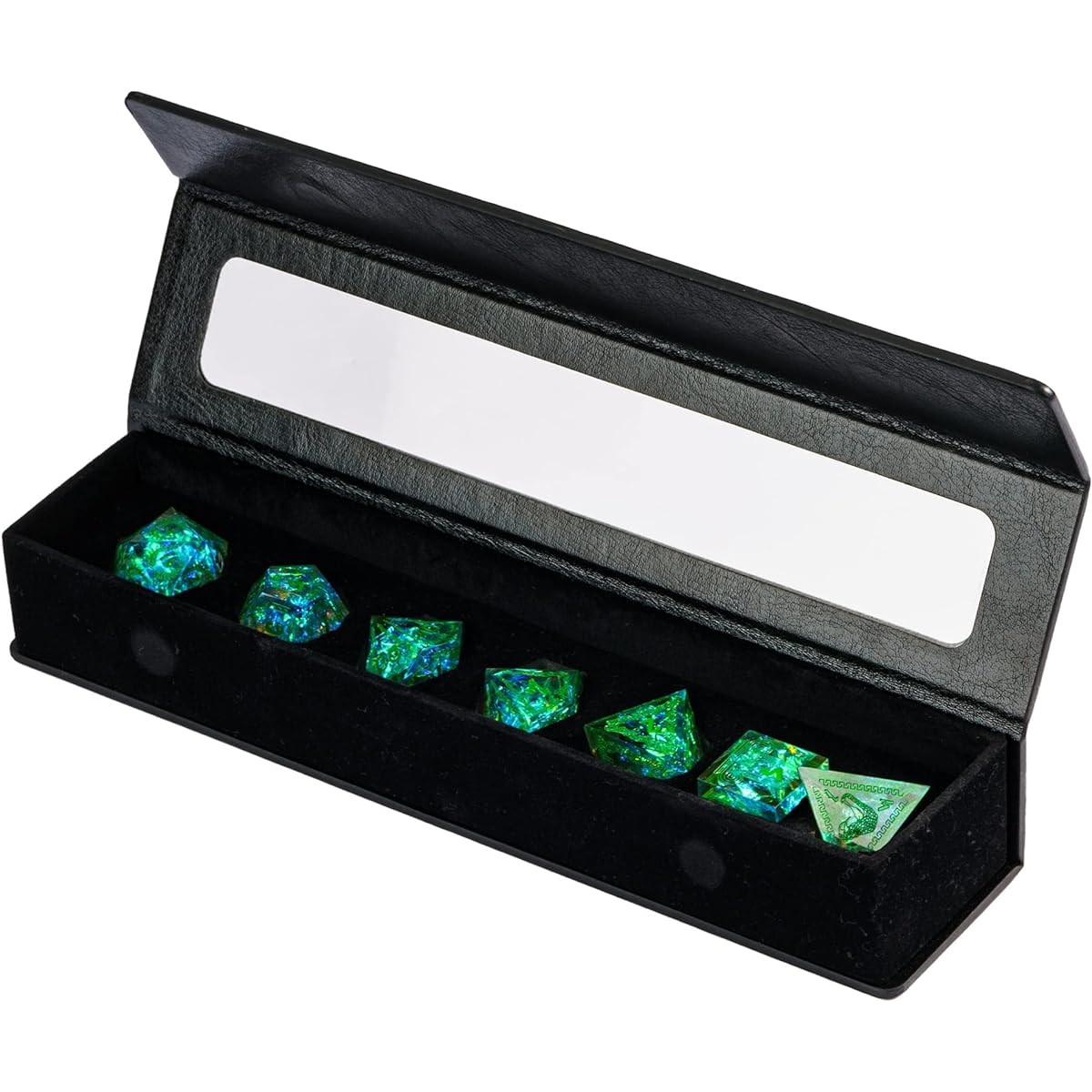 Cusdie DND Dice Set, Handmade 7 Piece Sharp Edge Dice, D&D Dice Set, Unique Pattern and Glitter Foil Inlaid Polyhedral Dice Set for Dungeons and Dragons RPG MTG Tabletop Games (Medusa/Green)