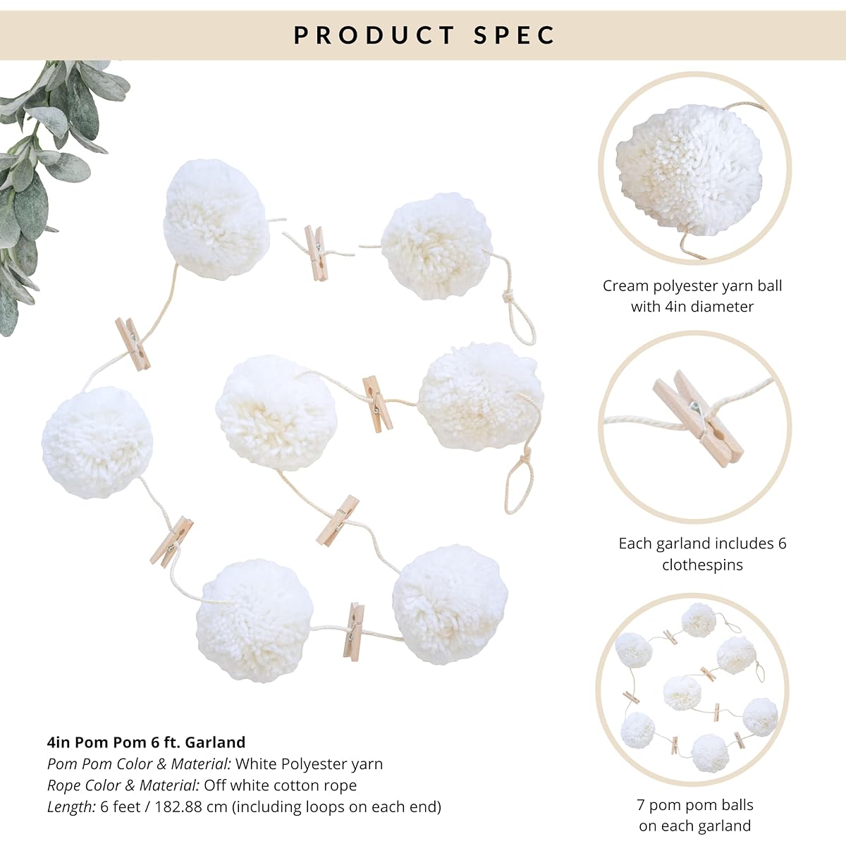 sageinthyme 6ft Yarn Pom Pom Garland Large Boho Minimalist Decor (Includes 4" Pom Poms and Clothespins - White)