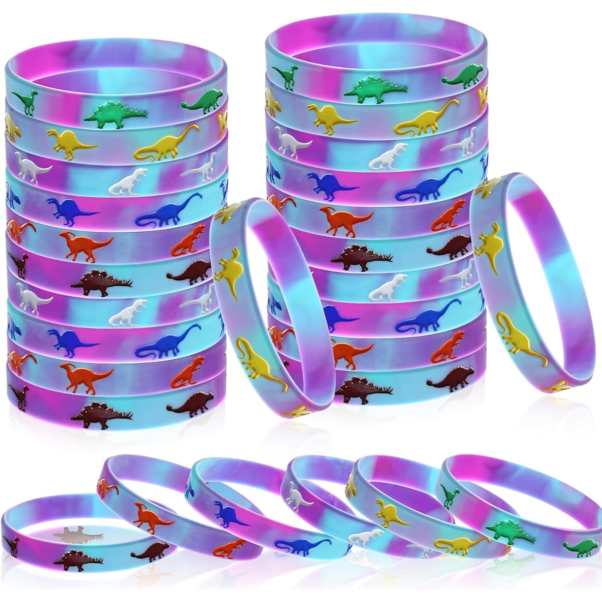 30 Pack Dinosaur Silicone Wristbands Dinosaur Wristband Bracelets Dinosaur Party Favors Bracelets Gift Bag Stuffers Jungle Dinosaur Theme Birthday Party Supplies (Blue Purple)