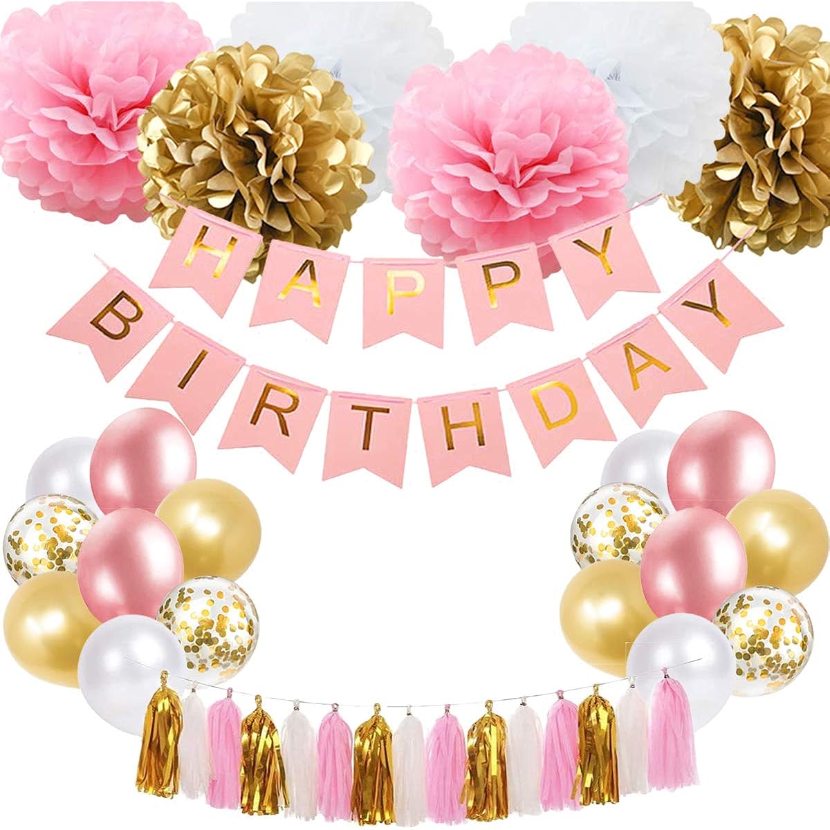 Pink and Gold Birthday Decorations, Happy Birthday Banner, Tissue Flowers, Party Balloons, 16th, 18th, 21st, 30th, 50th, 60th Birthday Party Decorations Supplies for Women and Girls