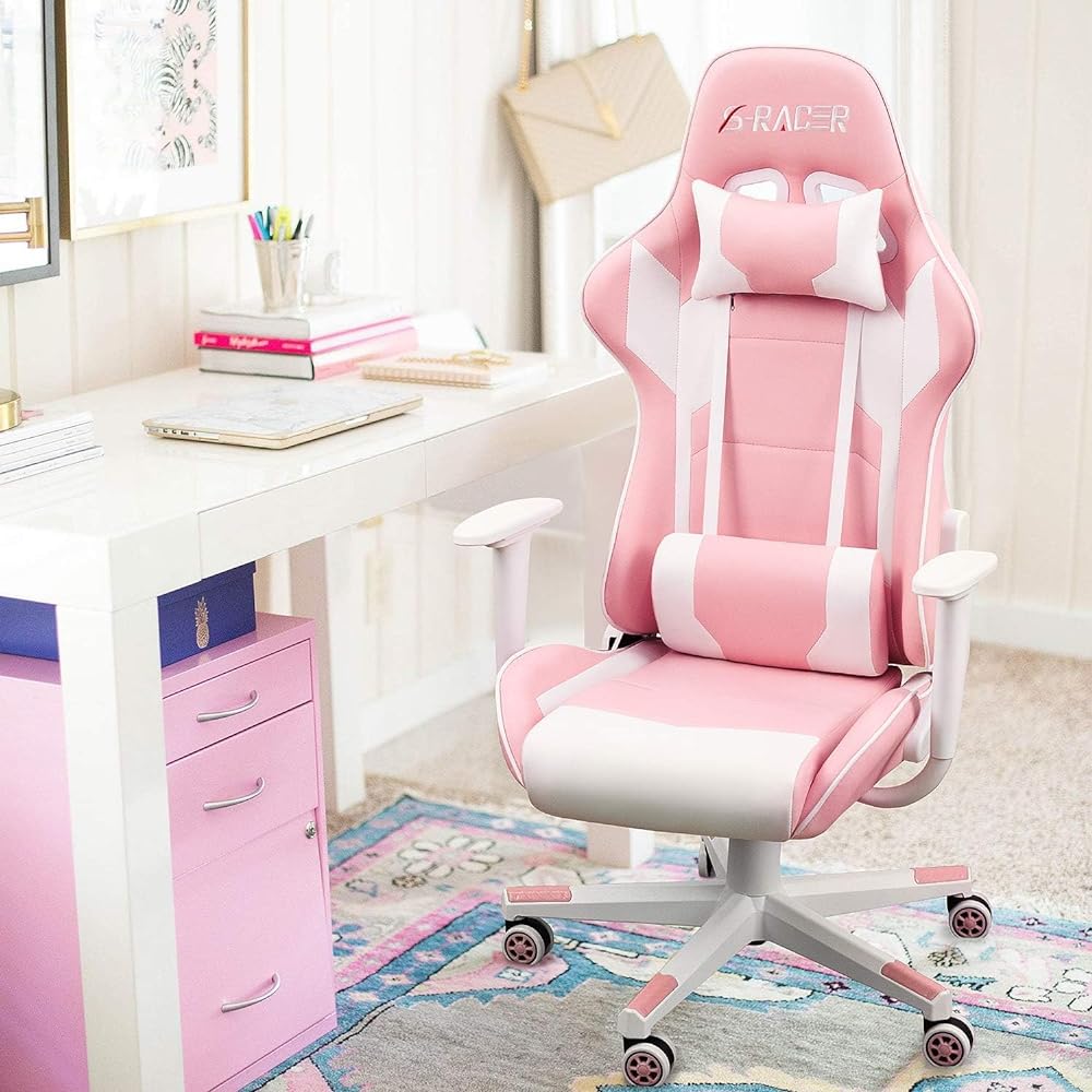Victone Gaming Chair Gaming Chair "One Year Free Warranty" Computer Chair Office Chair Desk Chair Reclining Ergonomic Chair Headrest Lumbar Support Height Adjustment Function PU Leather VT-8PK (Pink)