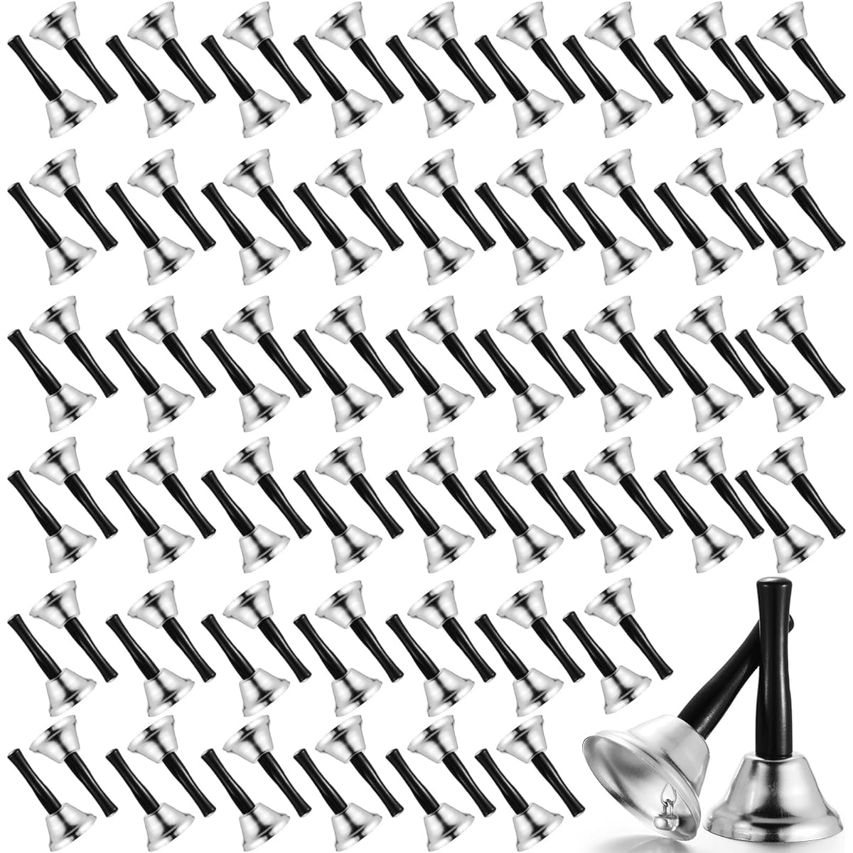 Fumete 100pcs Metal Handbell Silver and Gold Steel Christmas Dinner Service Handbell with Wooden Handle Musical Percussion for Sick Elderly Alert (Silver)
