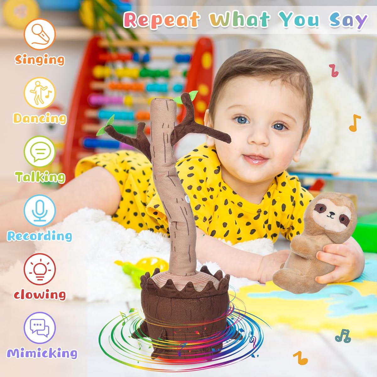 Emoin Cute Sloth Stuffed Animal Dancing Cat Baby Toy Plant Tree Repeating Talking Toy Imitates Swinging Song Electric Light Up Interactive Animation Toy Gift for Toddlers