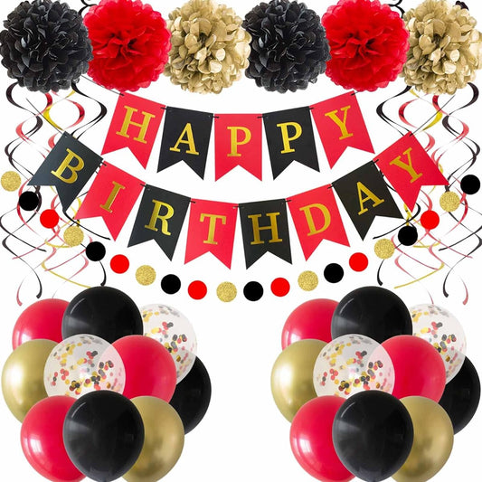ANSOMO Black and Gold Happy Birthday Party Decorations Banner Swirl Balloons for Men Women Boys Girls