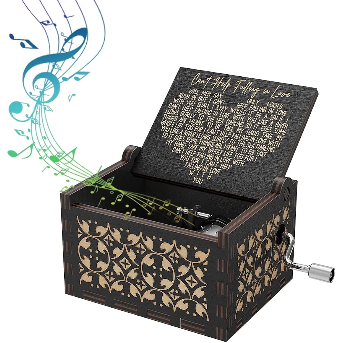 Bolunlun an for her Wooden Music Box - Fall in love without help, Gift for Girlfriend, Boyfriend, Husband, Wife, Lover (Black)