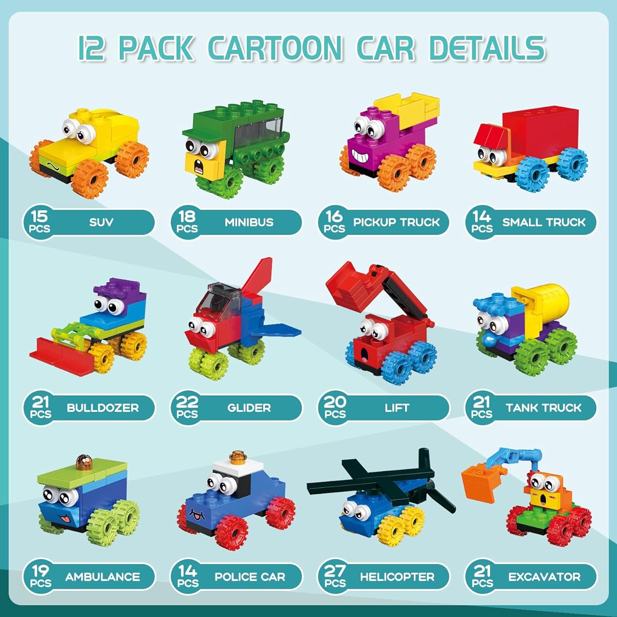 WVINVW Kids Party Favors, 12 Pack Cartoon Cars Building Blocks Toy Set Birthday Party Favors Goodie Bags Classroom Prizes Building Kit Easter Gifts for Kids Boys Girls Ages 4-12+