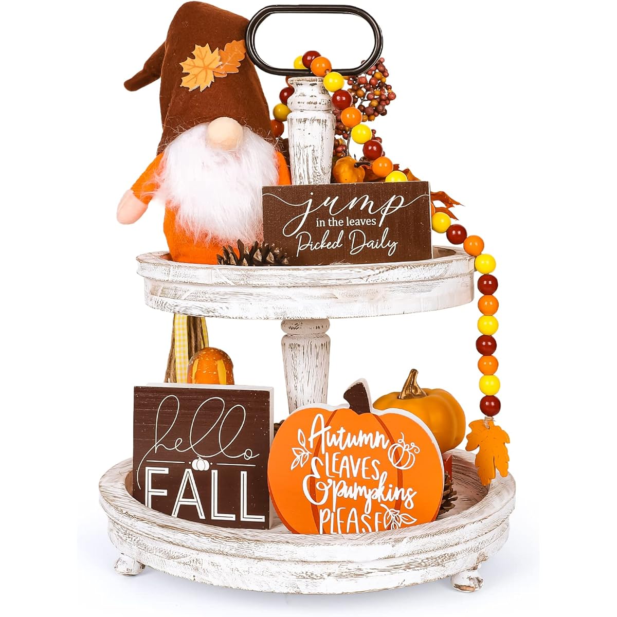 Whaline Fall Thanksgiving Tiered Tray Decor Set, Fall Gnome Wooden Sign, Fall Farmhouse Tiered Tray Decor, Fall Rustic Wooden Sign, Beaded Garland, Tabletop Decor for Thanksgiving Home Kitchen, 5 Pieces