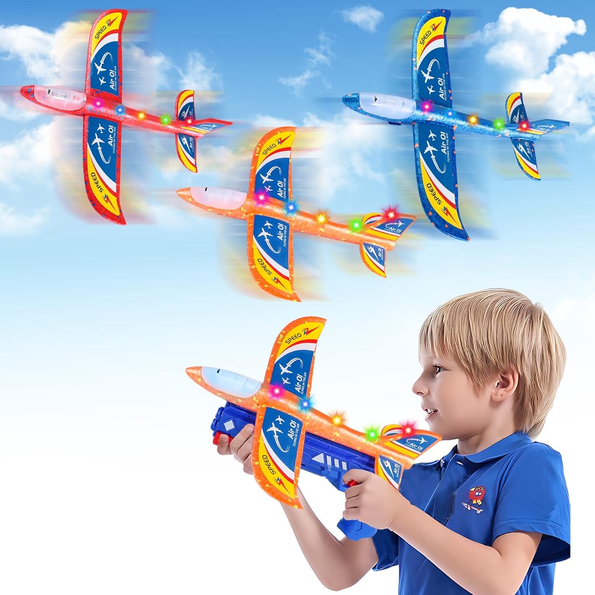 Sdtom 3 Pack Airplane Launcher Toy Kids Toys Gifts for 4 5 6 7 8 9 10 11 12+ Years Old Boys Girls LED Light Plane with 3 Sets DIY Stickers Outdoor Sports Game Gift Toys