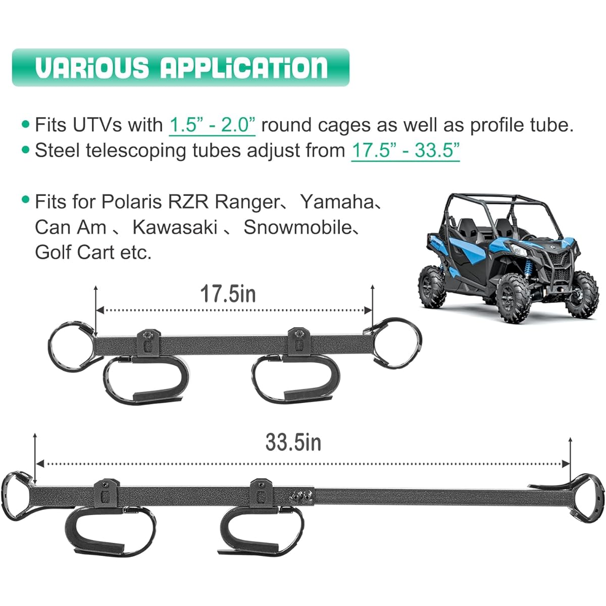 UTV Gun & Bow Rack Overhead-in-Cab Holder (20079) for 1.5-2" Roll Bar for Polaris RZR Ranger Yamaha Can Am Kawasaki Snowmobile Golf Carts, Pack of 2