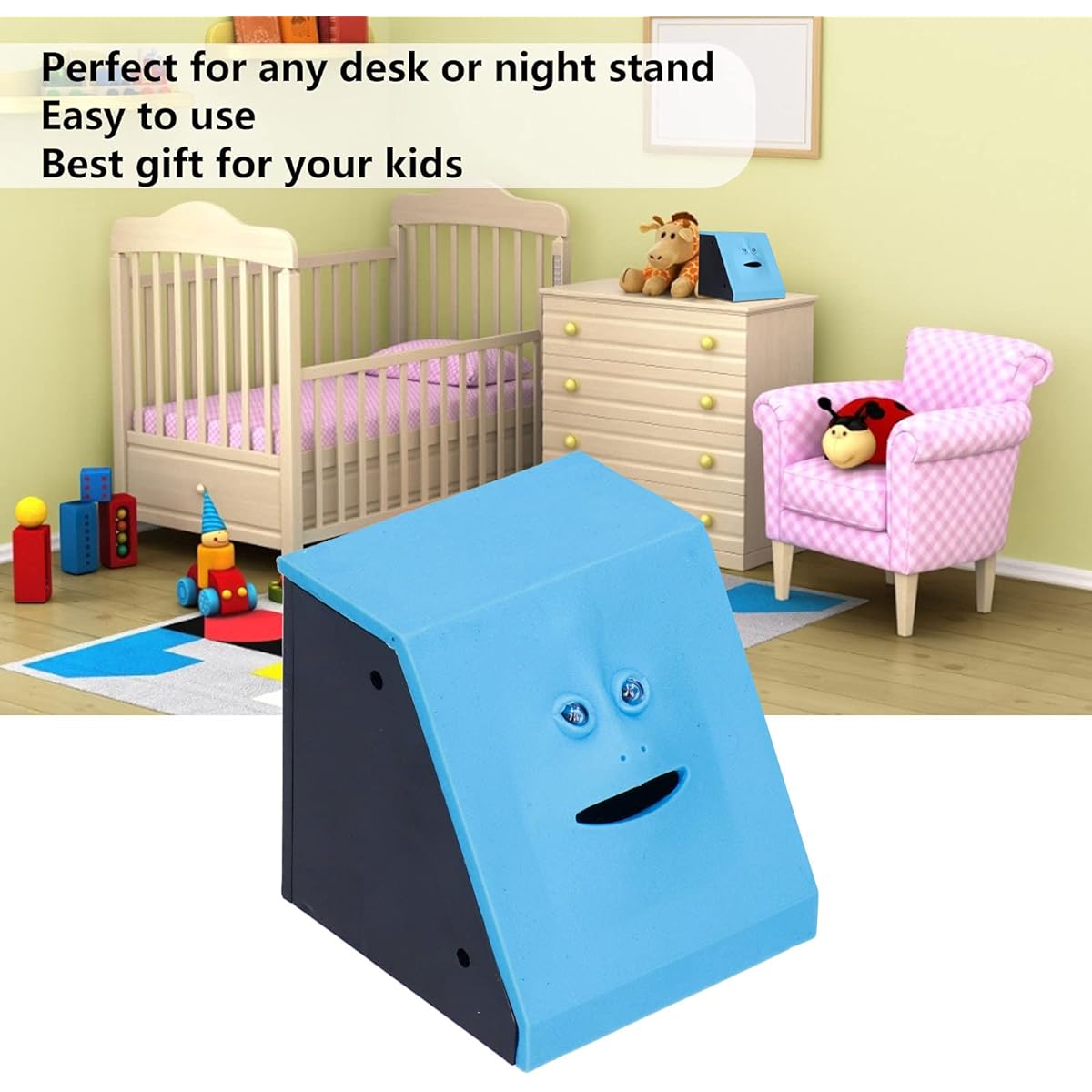 Money Eating Box Cute Face Bank Piggy Bank Coin Box Brick Automatic Money Coin Saving Bank Unique Gift for Kids Piggy Bank (Face Blue)