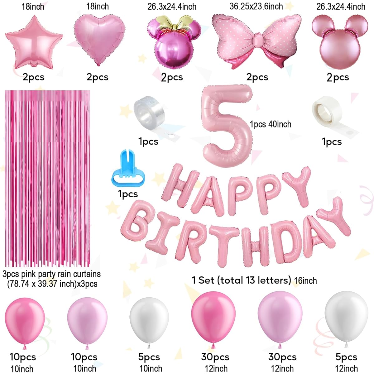 Minnie Birthday Party Decorations & Balloons Arch Garland Kit Pink Minnie 5th Birthday Party Supplies for Kids Minnie Foil Balloons HAPPY BIRTHDAY Balloon Banner Curtain (5th)