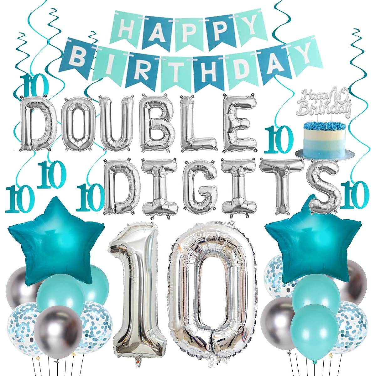 10th Birthday Decorations for Girls, Teal Blue 2 Digit Birthday Party Supplies, Turquoise Happy Birthday Banner, Happy 10th Birthday Cake Topper, Silver Number 10 Foil Balloon, 10th Birthday Decor