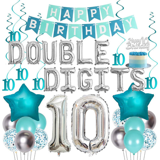 10th Birthday Decorations for Girls, Teal Blue 2 Digit Birthday Party Supplies, Turquoise Happy Birthday Banner, Happy 10th Birthday Cake Topper, Silver Number 10 Foil Balloon, 10th Birthday Decor
