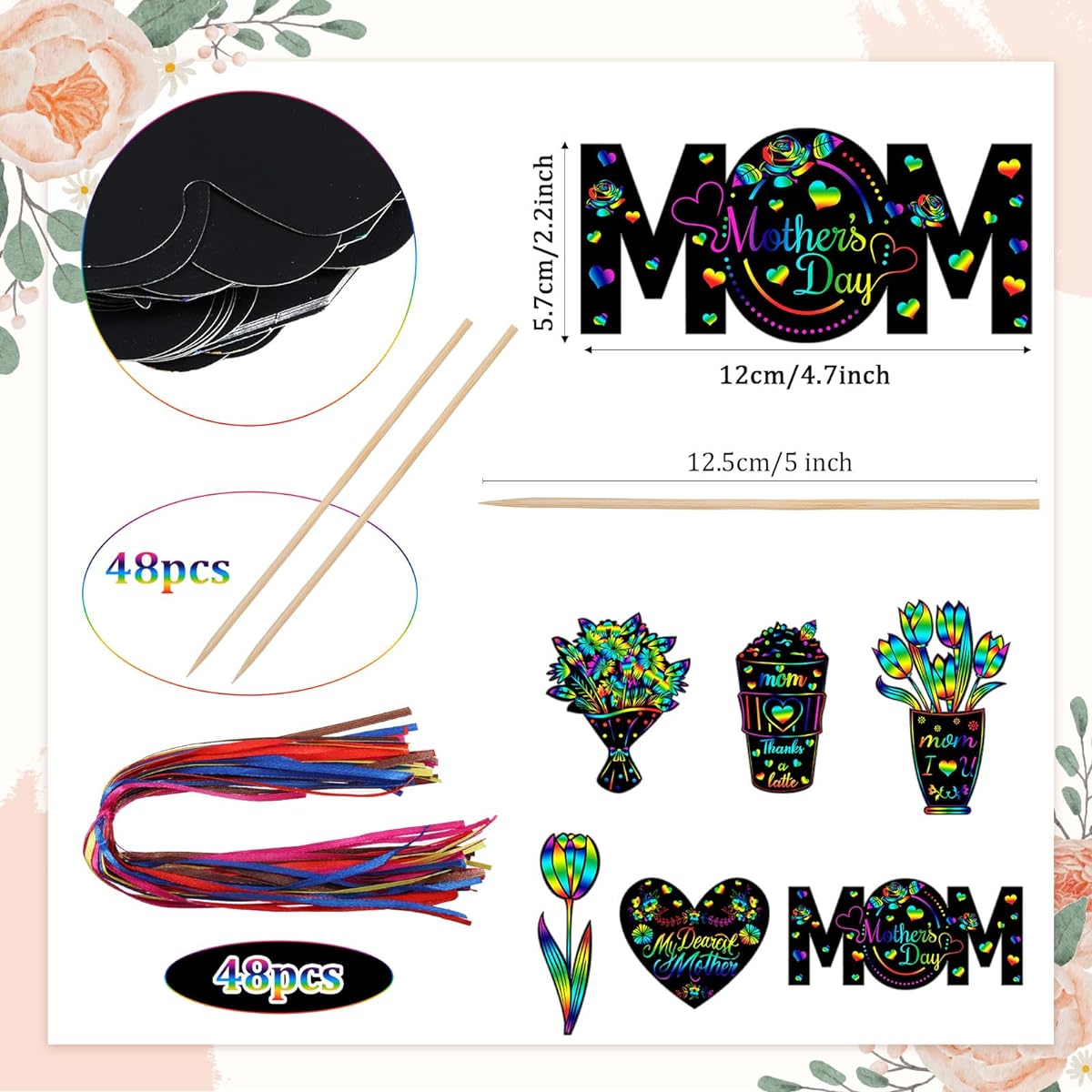 Motionchic 48 Pieces Mother's Day Scratch Cards for Kids, Happy Mother's Day Crafts Classroom Rainbow Scratch Cards Art Favors for Mother's Day Party Decorations