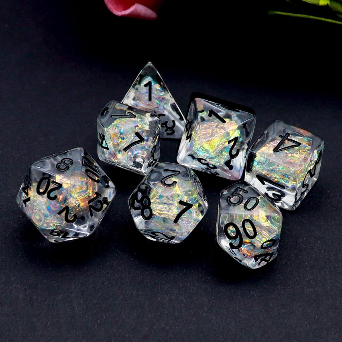 PJOY Clear Rainbow DND Dice Set, 7 Pieces D&D Dice Iridescent Mylar Filled Resin Polyhedral RPG Games Dungeons & Dragons Gifts