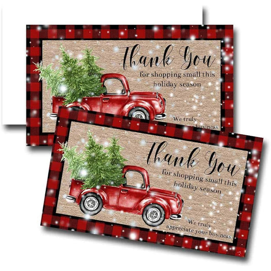 AmandaCreation Red Buffalo Plaid Snow Pickup Truck Christmas Holiday Themed Customer Appreciation Package Inserts for Small Business 2" x 3.5" Single Sided Insert Cards, 100 Count