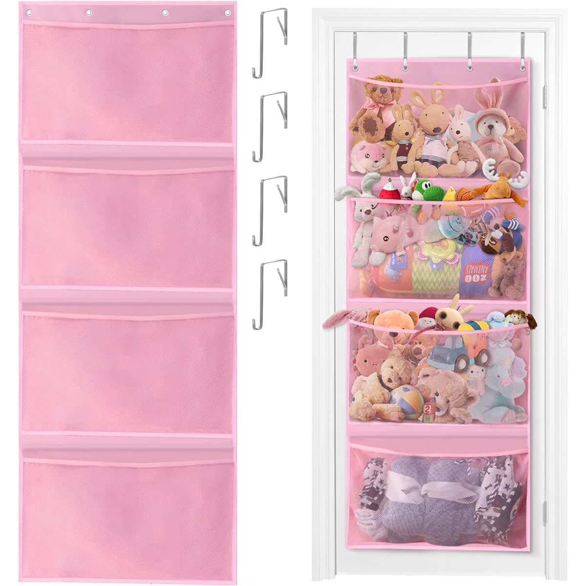 Stuffed Animal Storage, Over the Door Organizer Storage for Stuffed Animals, Baby Products and Other Soft Items, Breathable Hanging Large Capacity Toy Storage Pocket for Kids Room/Bathroom (Pink)