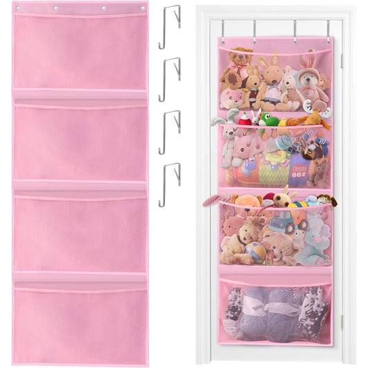 Stuffed Animal Storage, Over the Door Organizer Storage for Stuffed Animals, Baby Products and Other Soft Items, Breathable Hanging Large Capacity Toy Storage Pocket for Kids Room/Bathroom (Pink)
