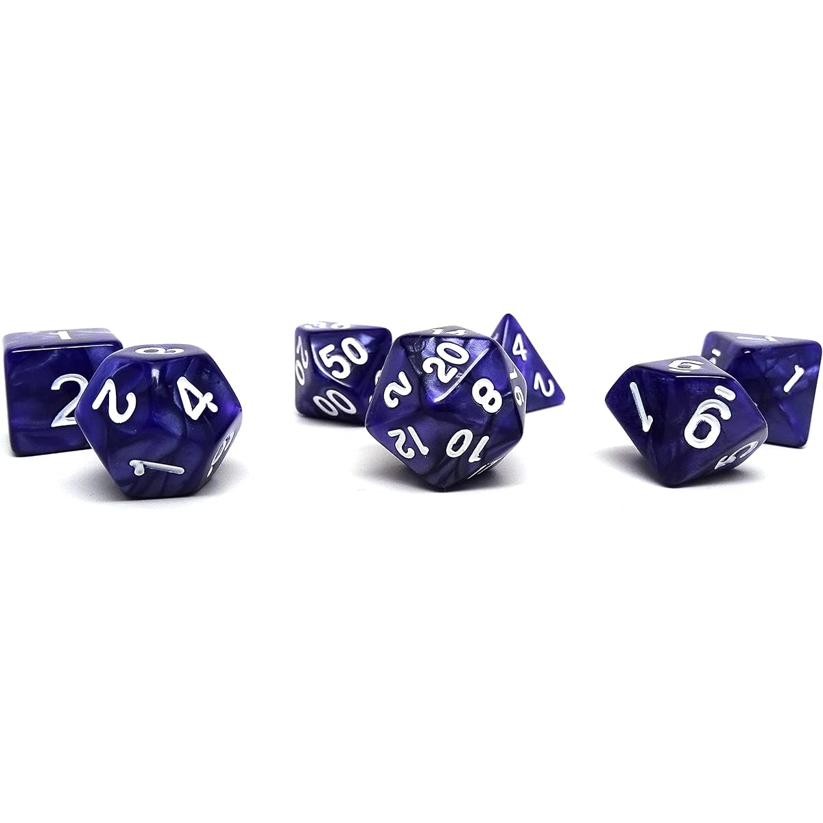 Marble Swirl Polyhedral Dice Set - 7 Piece Dice Set D20 D12 D10 D8 D6 D4 D00 (Purple Marble with White Font)