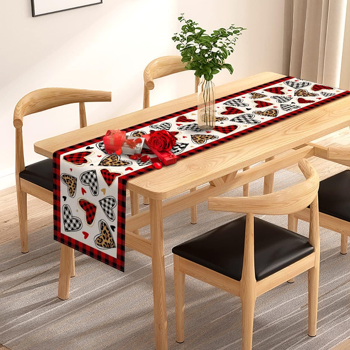Pudodo Valentine's Day Table Runner Love Heart Buffalo Plaid Check Leopard Print Wedding Anniversary Kitchen Dining Home Decoration