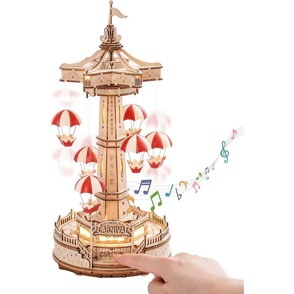 ROKR 3D Puzzle Rotating Music Box Wooden Amusement Park Model for Adults DIY Music Box LED Light Assembly Craft Kit Gear Model Birthday Gift Christmas Present Time Killer Educational Toy