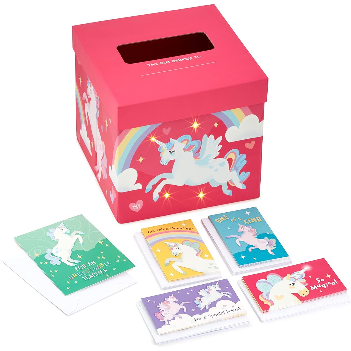Hallmark Valentines Day Cards for Kids and Musical Light Up Mailbox for Classroom Exchange, Unicorns (1 Box, 32 Valentine Cards, 1 Teacher Card)