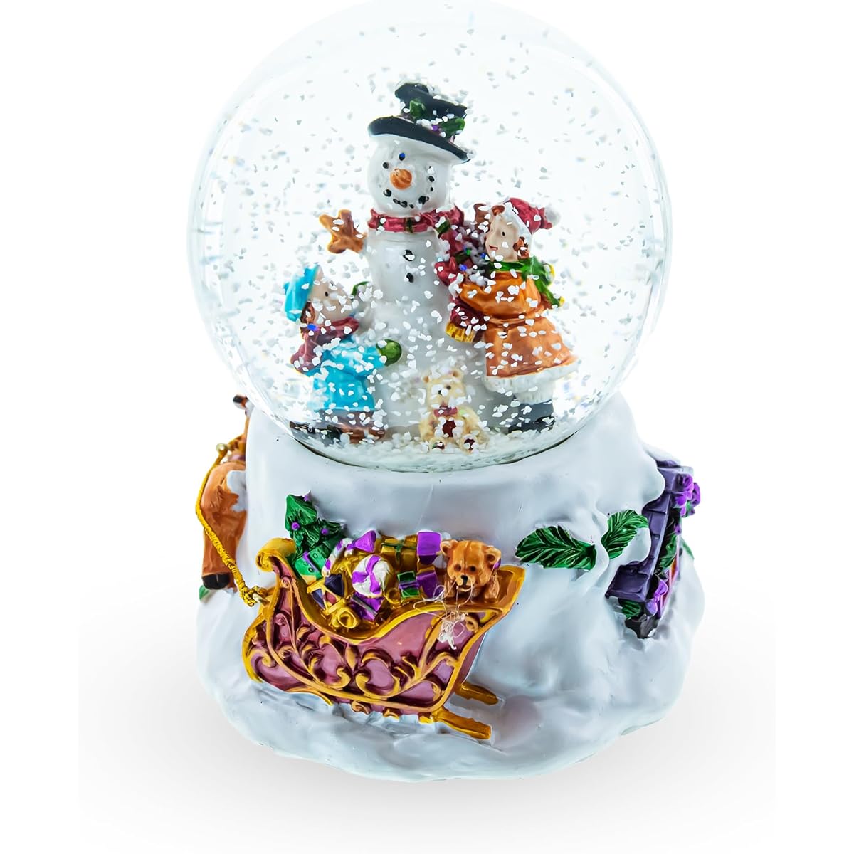 Warm Snowman Embrace: Musical Water Snow Globe with Kids Hugging