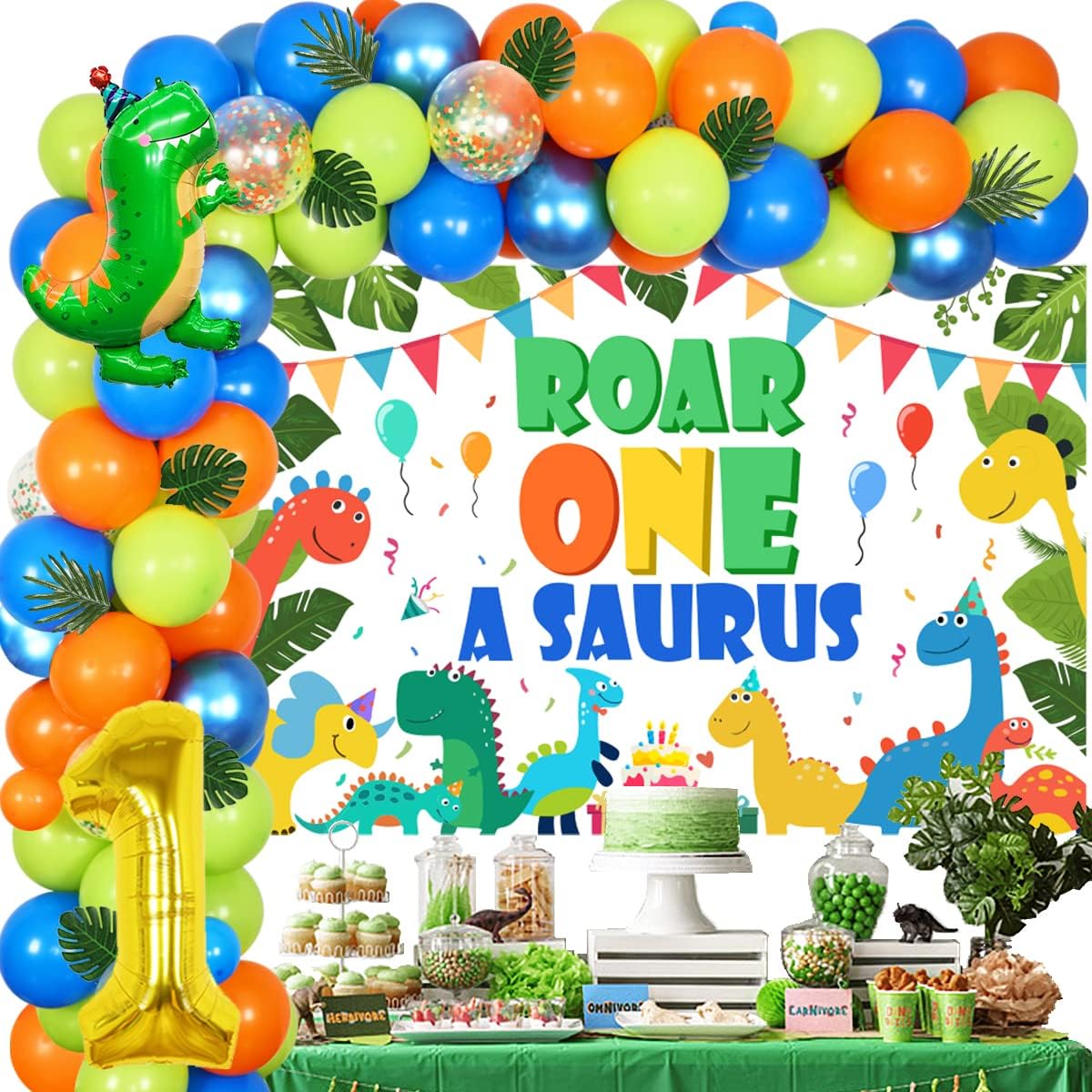 1 A Saurus Birthday Decorations Dinosaur Balloon Garland Arch Kit with Roanokesaurus Backdrop Dinosaur Balloons Dinosaur 1st Birthday Decorations for Boys Girls