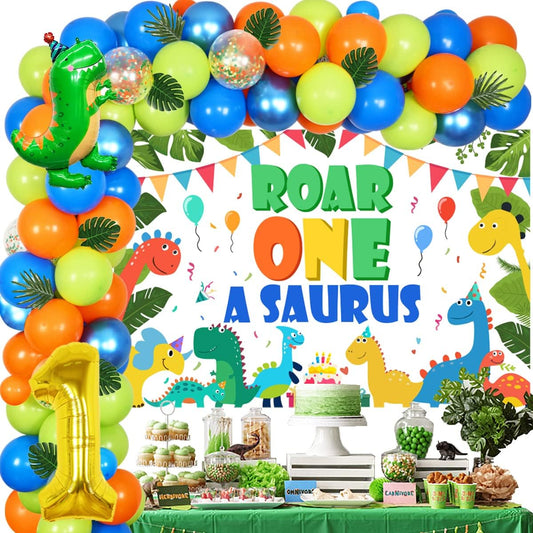1 A Saurus Birthday Decorations Dinosaur Balloon Garland Arch Kit with Roanokesaurus Backdrop Dinosaur Balloons Dinosaur 1st Birthday Decorations for Boys Girls