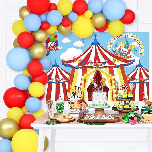 125pcs Circus Party Decorations Set - Carnival Backdrop, Party Latex Balloons, Cupcake Toppers Balloon Arch Supplies for Carnival Clown Birthday Baby Shower Graduation Photo Booth Props