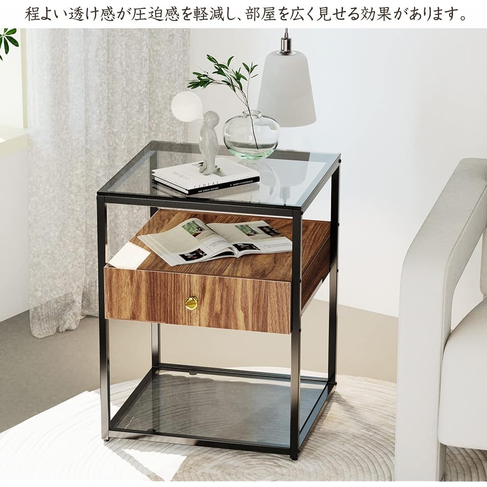 Artloge Side Table, Night Table, Drawer, Glass Bedside Table, Stylish, Next to Sofa, Next to Bed, Side Chest, Storage, Scandinavian, Compact, Width 43 x Depth 43 x Height 54 cm