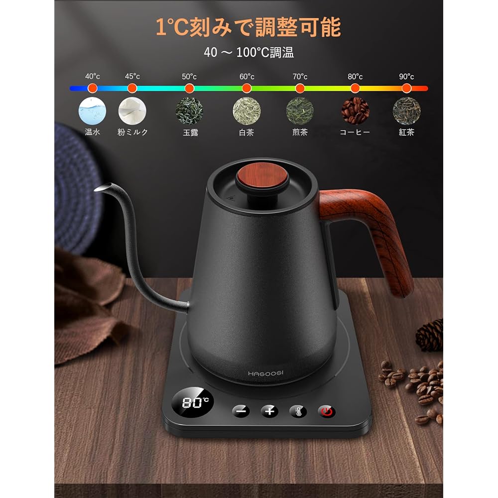 HAGOOGI Electric Kettle Coffee Kettle 1.0L 1200W Temperature Adjustment (1℃ Increment)/Heat Retention Function/Empty Cooking Prevention Narrow Mouth Drip Pot (Black)