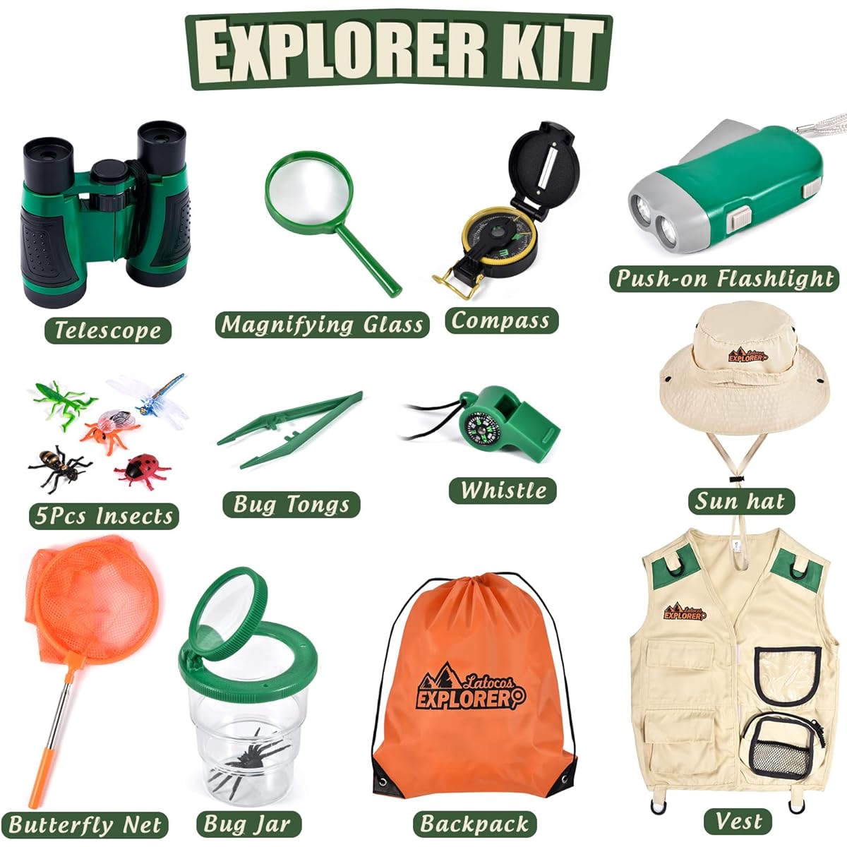 Latocos Kids Explorer Kit & Bug Catcher Kit Children's Outdoor Exploration Set with Safari Vest and Hat Butterfly Net, Flashlight, Compass, Camping Toys for Boys Girls 3 4 5 6 7 8 Years Old and Up