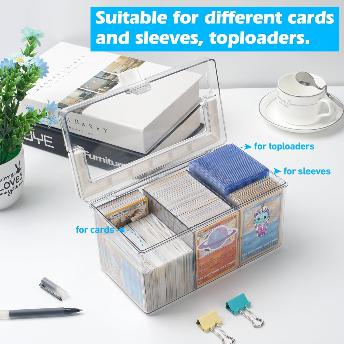 SUNEZLGO Trading Card Storage Box Card Storage Box Hard Plastic Top Loader Storage Box Playing Card Case with Removable Dividers Large Size for 900 Cards, Top Loader 120 Cards Fits Standard Cards and Top Loaders