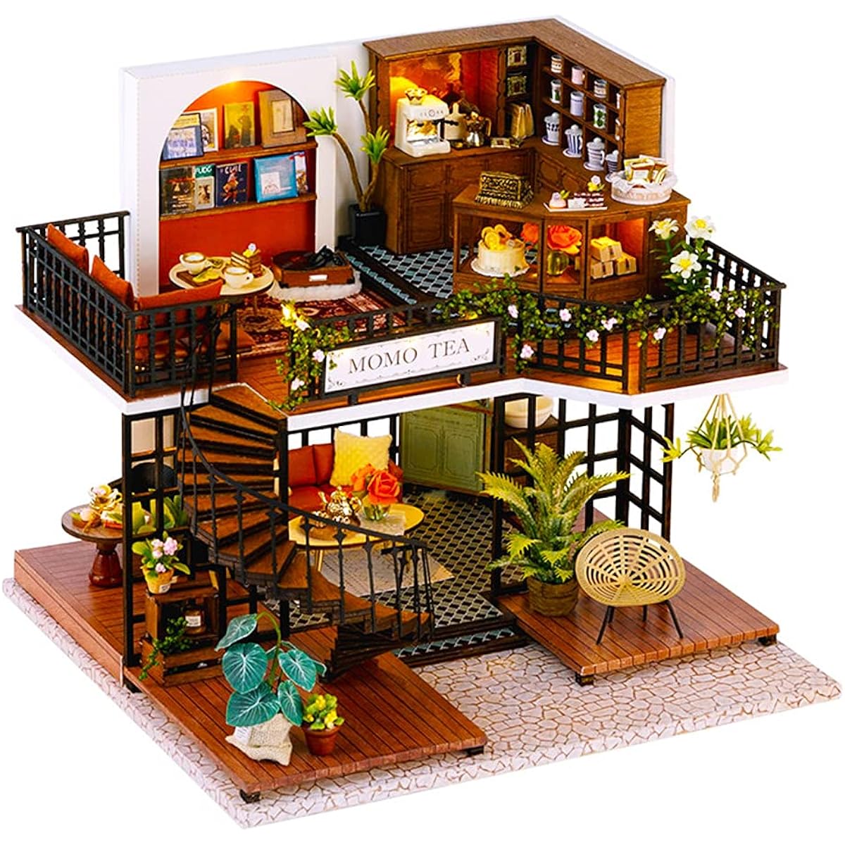 Roroom DIY Miniature Furniture Dollhouse Kit, Mini 3D Wooden Dollhouse Craft Model with Dustproof Cover and Musical Movement, Valentine's Day Birthday Gift (Forest TEASHOP)