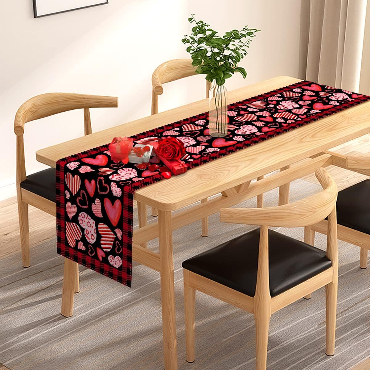 Pudodo Happy Valentine's Day Table Runner Love Heart Buffalo Plaid Check Wedding Anniversary Kitchen Dining Home Decoration