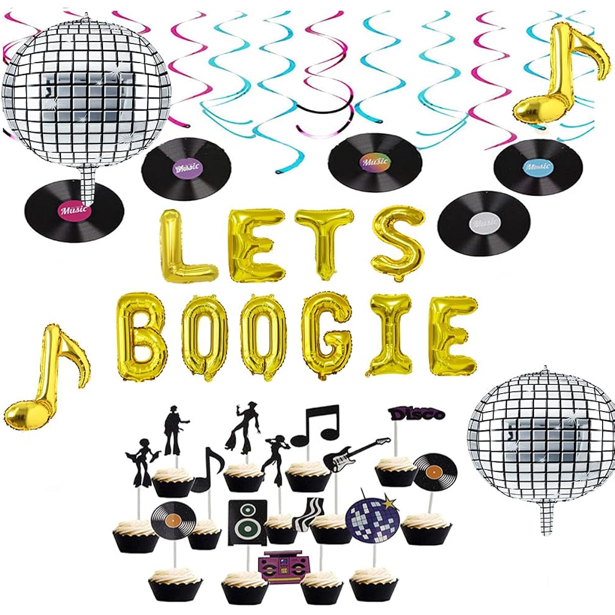 Disco Party Decorations Lets Boogie Balloon Banner 70s 80s Disco Theme Birthday Party Supplies Kit Music Theme Banner Disco Ball Music Foil Balloons Disco Cupcake Toppers for Disco Party