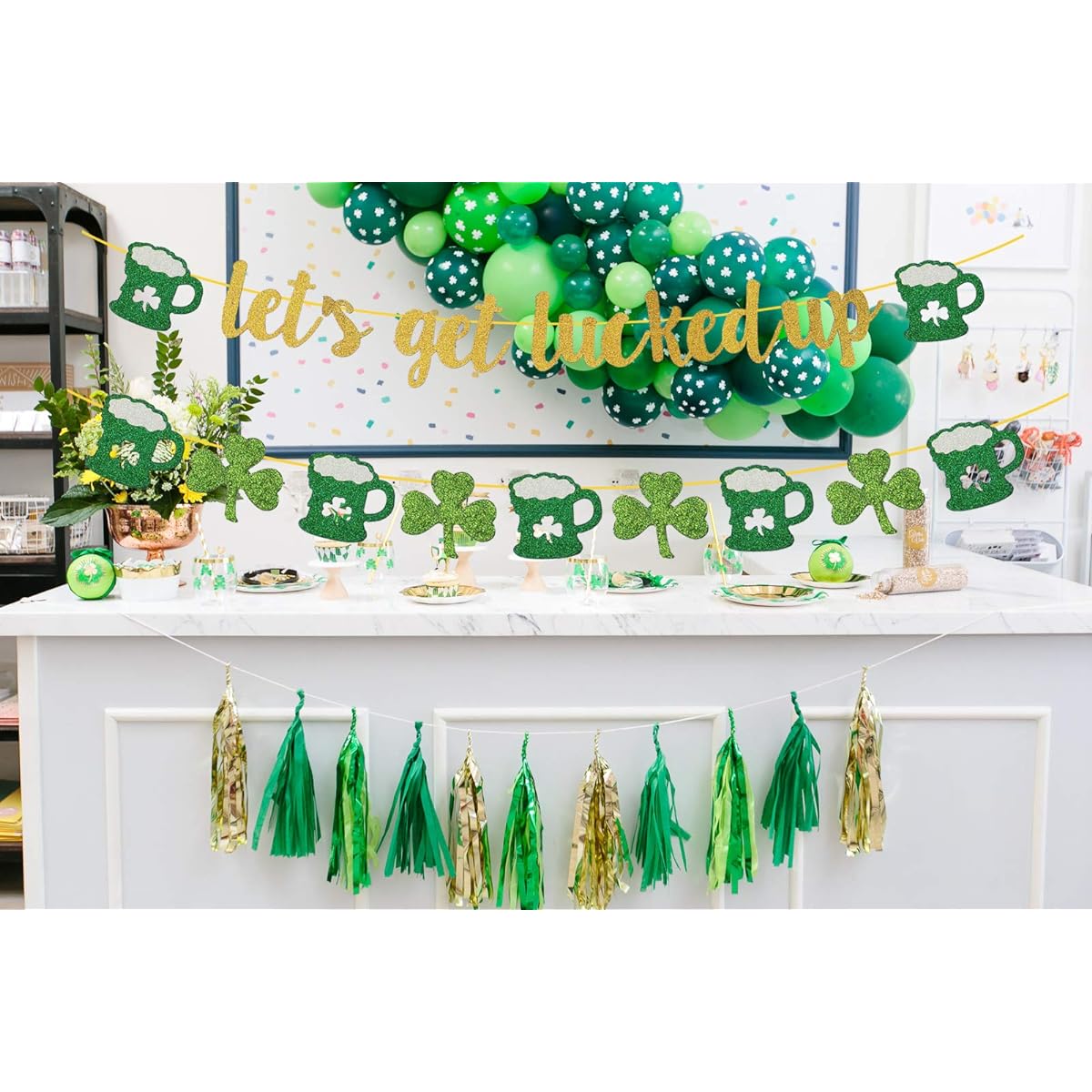 Weimaro Let's Get Lucked Up Banner Glittering St. Patrick's Day Decoration Set Lucky Shamrock Garland St. Patrick's Day Lucky Irish Party Home Decor St. Patty's Day Decor Supplies