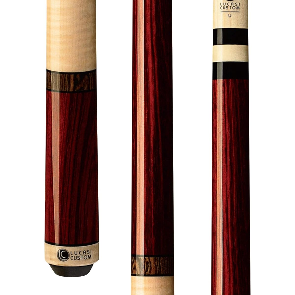 Lucasi Custom Rengas and Curly Maple Pool Cue with Bocote Banded Ring