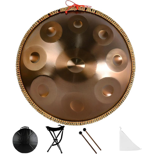 Handpan Steel Drum 9 Sounds 22 Inch Handpan Drum Dedicated Soft Case Mallet and Other Full Set Beginner (Gold)