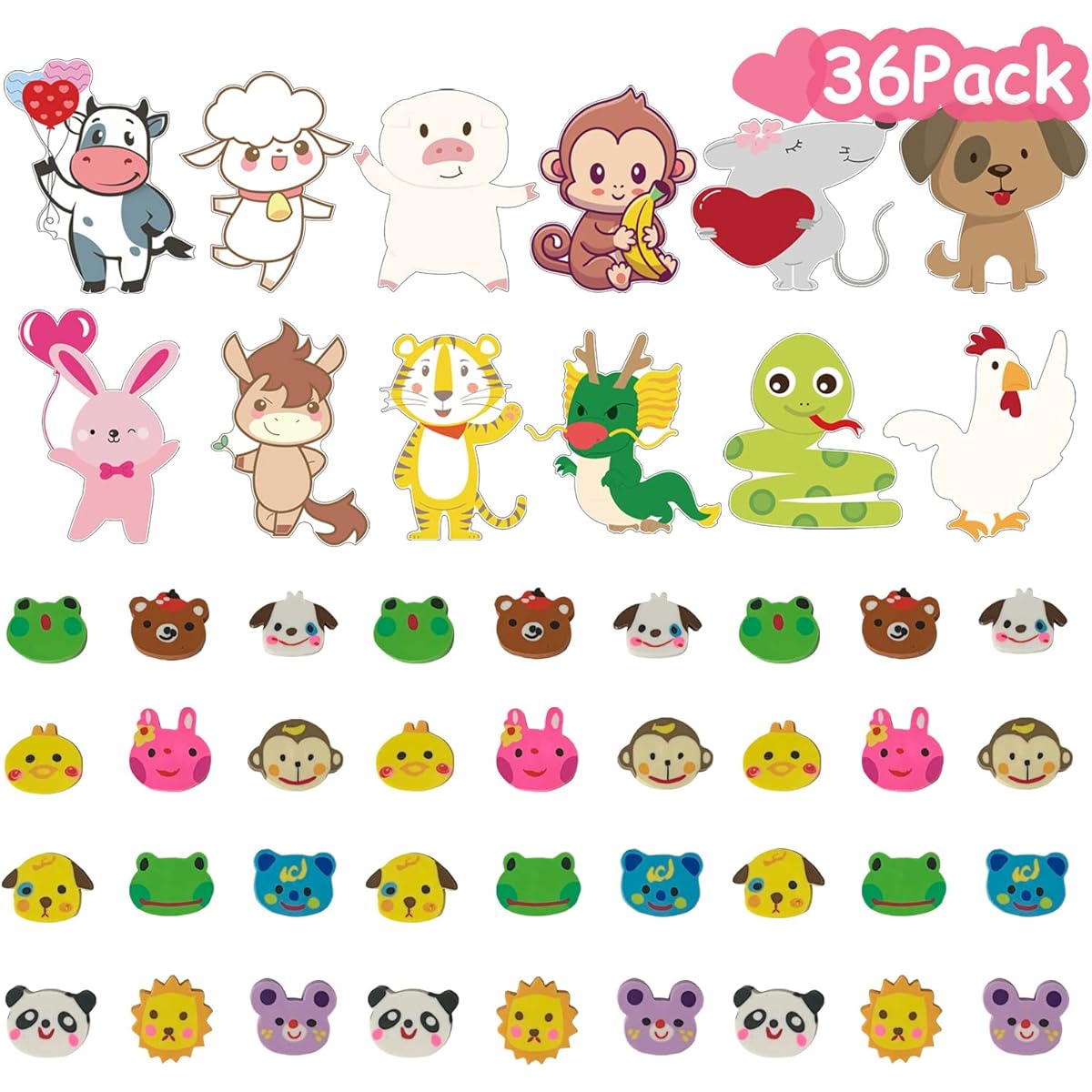 JIALWEN 36 Pack Valentine's Day Cards for Kids with Eraser Valentine Animal Theme Exchange Cards for Girls Boys School Classroom Gifts Party Favors