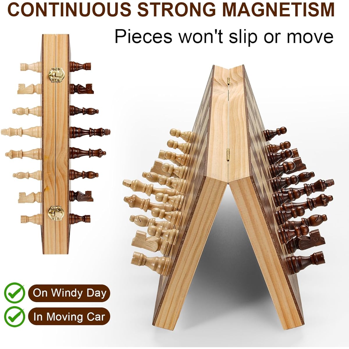 Wooden Chess Set 15" Magnetic Folding Portable Compact Travel Chess Board Handcrafted Set with Beautifully Carved Pieces + Foam Storage Slots + 2 Extra Queens + Gift Box for Kids Adults Beginner Set